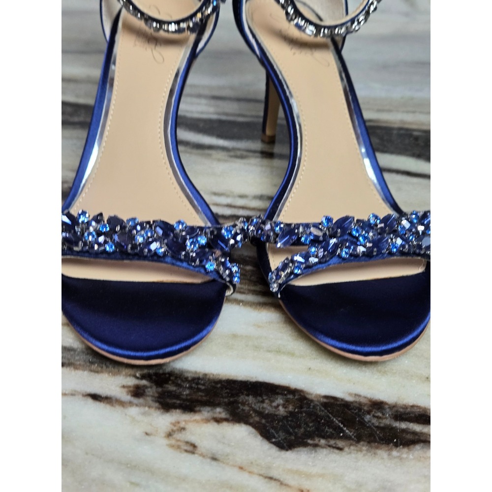 Jewel Badgley Mischka Navy Blue Satin Stone Embellished Ankle Strap Heels 8 - Picture 3 of 11